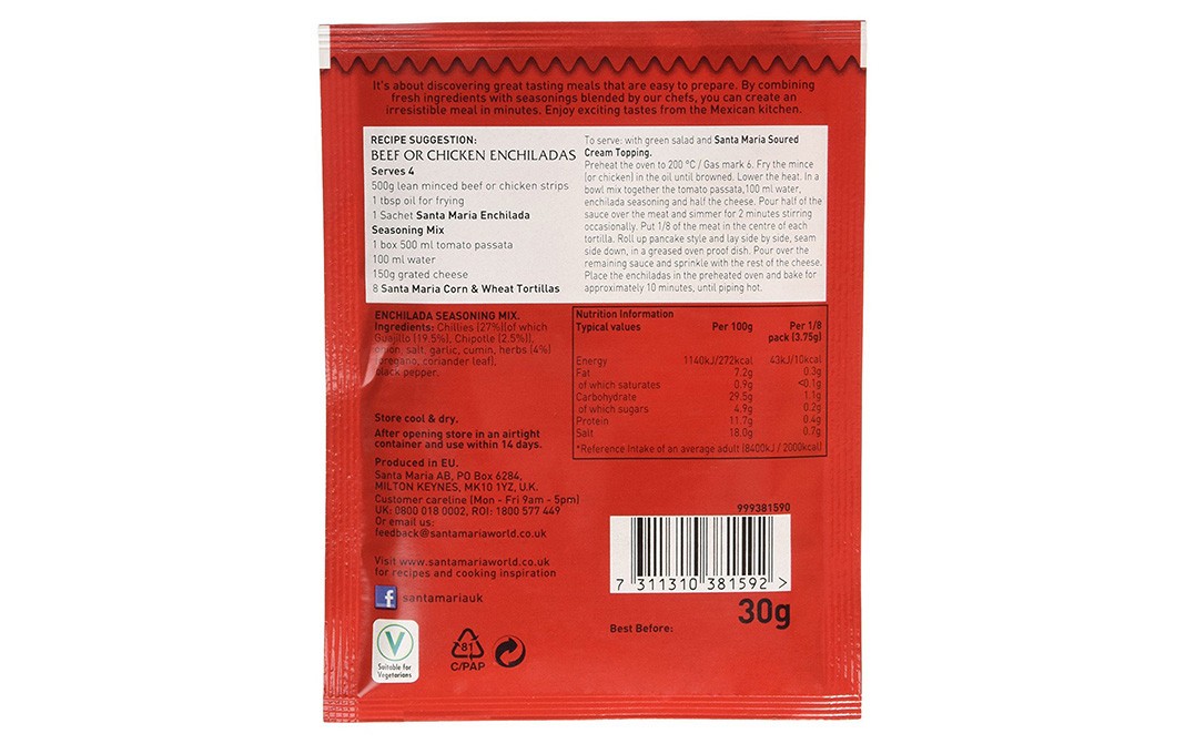 Mexican Santa Maria Enchilada Seasoning Mix - Medium   Pack  30 grams